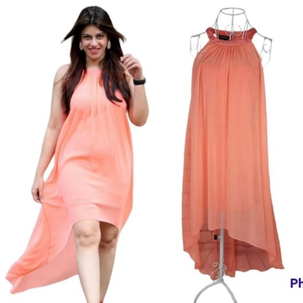 Bebe Coral High Low Bodycon with Chiffon Overlay Halter Dress Size 10